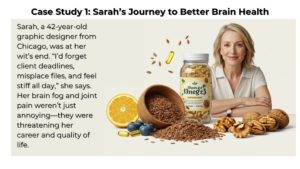 A close-up of a wooden bowl filled with flaxseeds and walnuts, surrounded by a vibrant salad and a smoothie, symbolizing brain health and reduced inflammation.