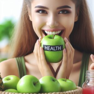 Girl eating with fresh green apple | Commitment to wellness illustration”