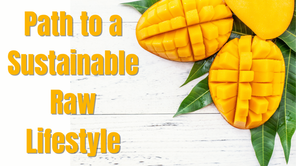 "A ripe mango on a wooden table, sunlight illuminating its vibrant color, symbolizing the start of a raw lifestyle journey."