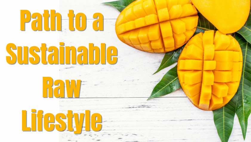 "A ripe mango on a wooden table, sunlight illuminating its vibrant color, symbolizing the start of a raw lifestyle journey."