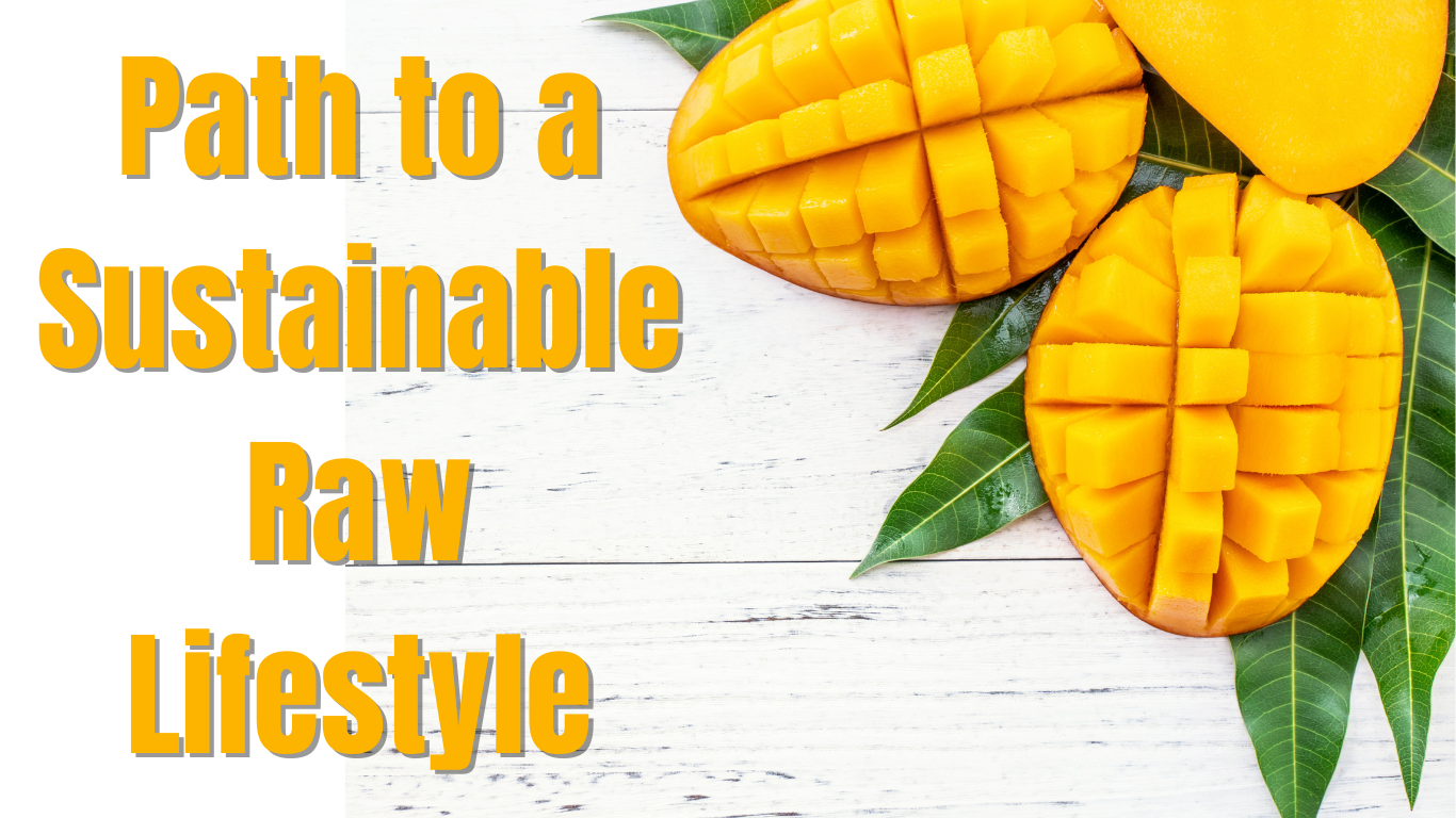 "A ripe mango on a wooden table, sunlight illuminating its vibrant color, symbolizing the start of a raw lifestyle journey."